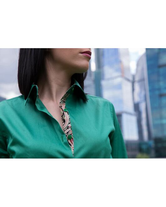 Женская рубашка под пуговицы зеленая отделочная ткань узор пейсли - 5098 от DoubleCuff 