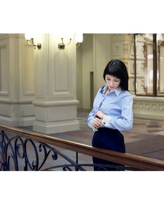 Приталенная женская рубашка под запонки в мелкую голубую клетку - 5084 от DoubleCuff 